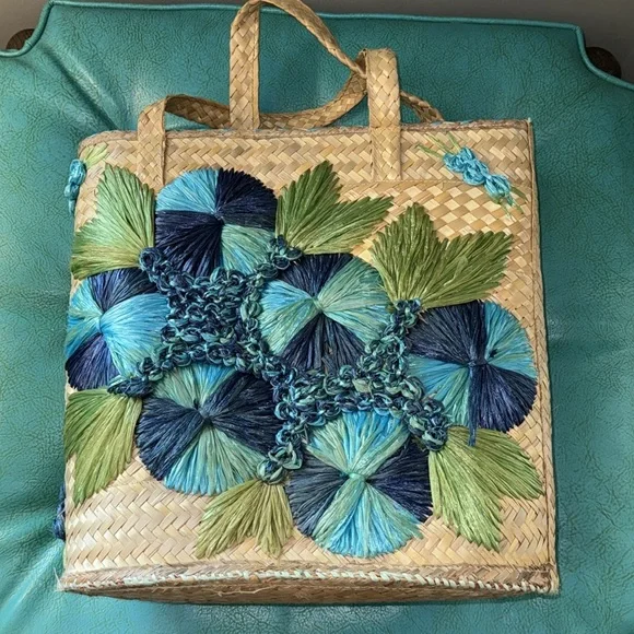 Vintage oversized large gorgeous turquoise blue flower raffia basket beachy bag - Picture 10 of 14